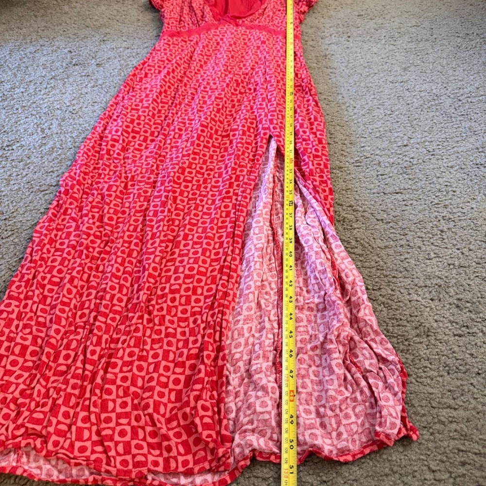 Free People Red Geometric Lace Trim V-Neck Midi Dress with Front Slit Size S - Picture 7 of 9